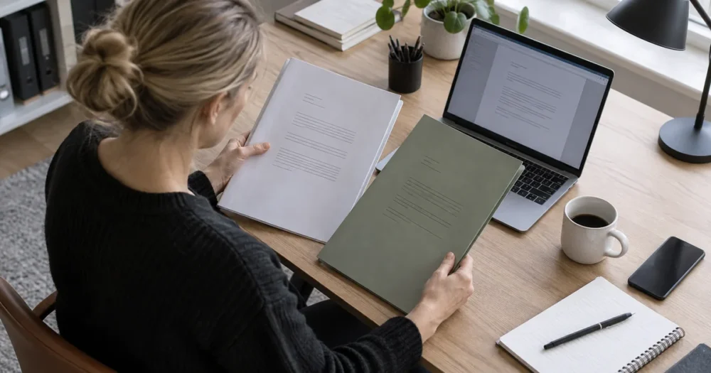 Person jämför dokument och digitala regelhänvisningar vid ett skrivbord